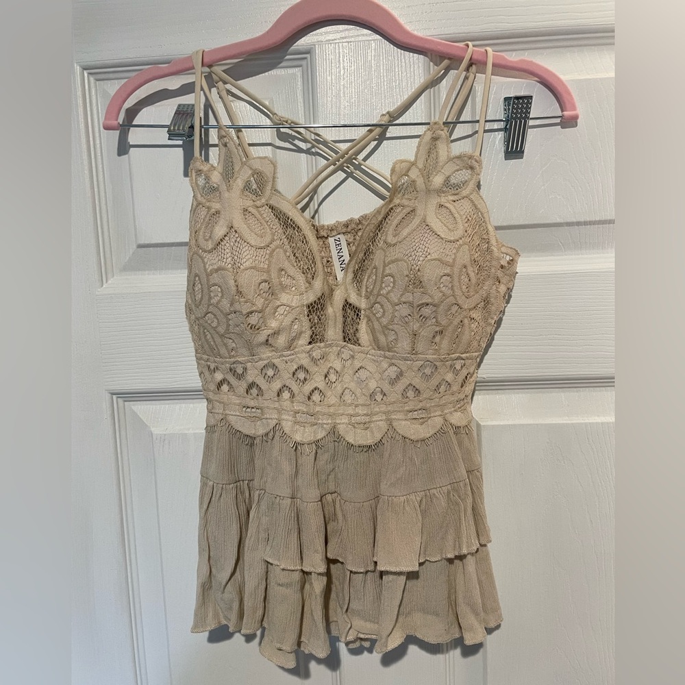 Zenana Ruffled Lace Strappy Shirt